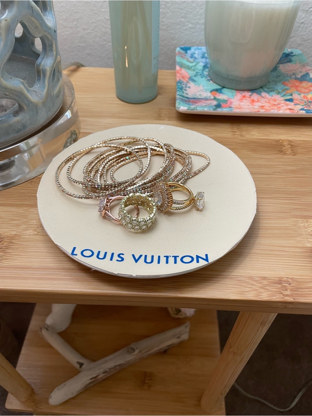 Louis Vuitton recycled Cream Dust bag with Blue Logo trinket tray